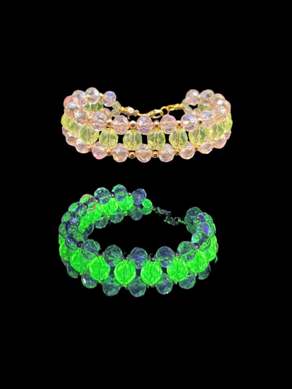 Handcrafted Uranium Glass Beaded Bracelet Pink and Green 7.5" Long w/Gift Box